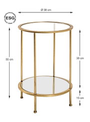 Runder Beistelltisch in Goldoptik mit zwei ESG-Glasablagen (oben und unten), Durchmesser 38 cm und Höhe 55 cm, freigestellt auf weißem Hintergrund, in leicht schräger Vorderansicht.