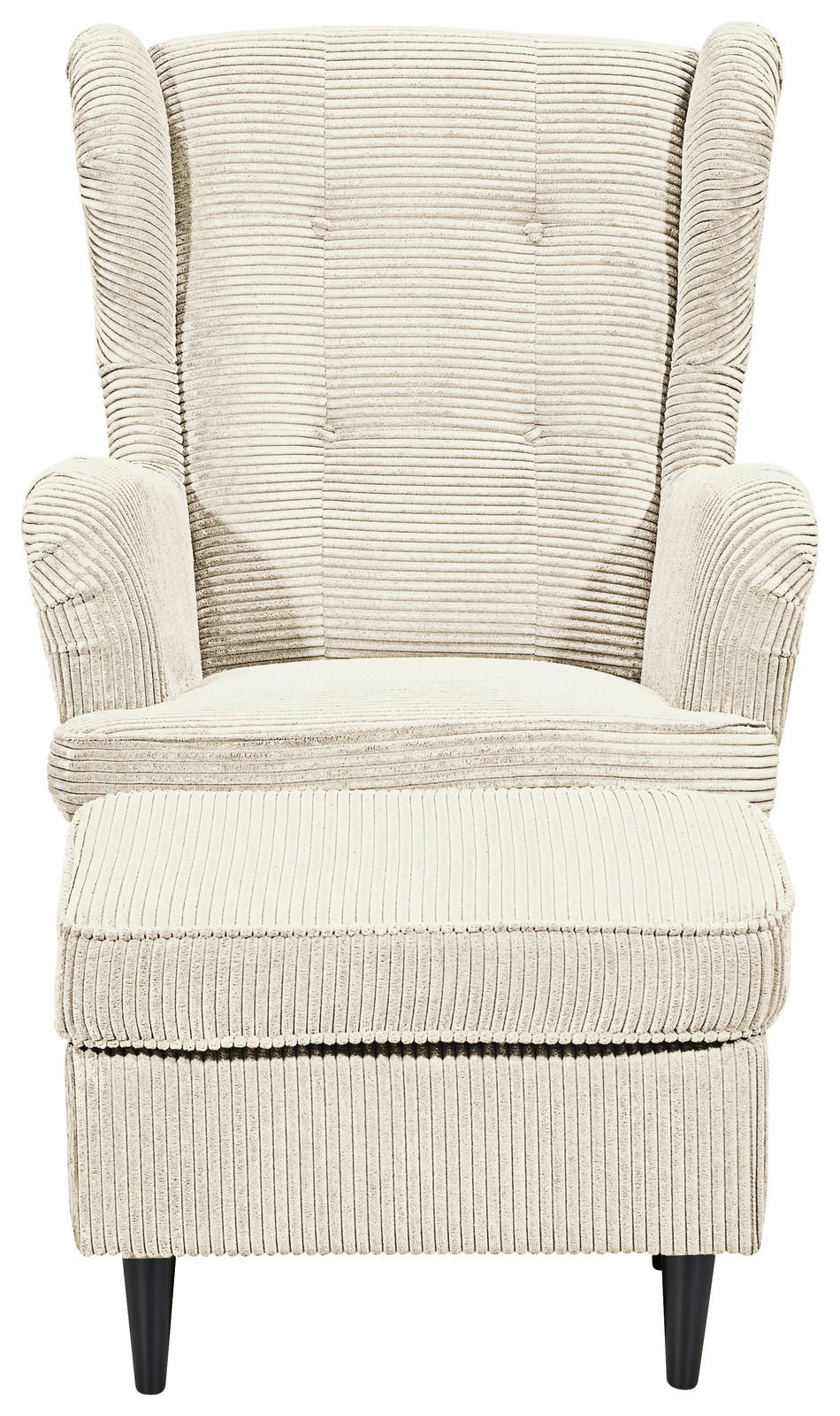 Frontale Ansicht eines beigen Sessels mit geripptem Stoffbezug und schwarzen Beinen.