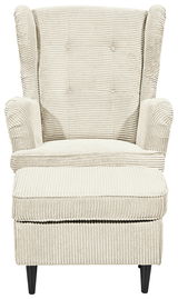 Frontale Ansicht eines beigen Sessels mit geripptem Stoffbezug und schwarzen Beinen.