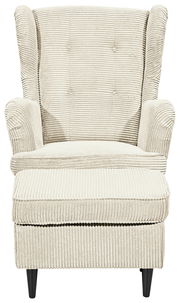 Frontale Ansicht eines beigen Sessels mit geripptem Stoffbezug und schwarzen Beinen.