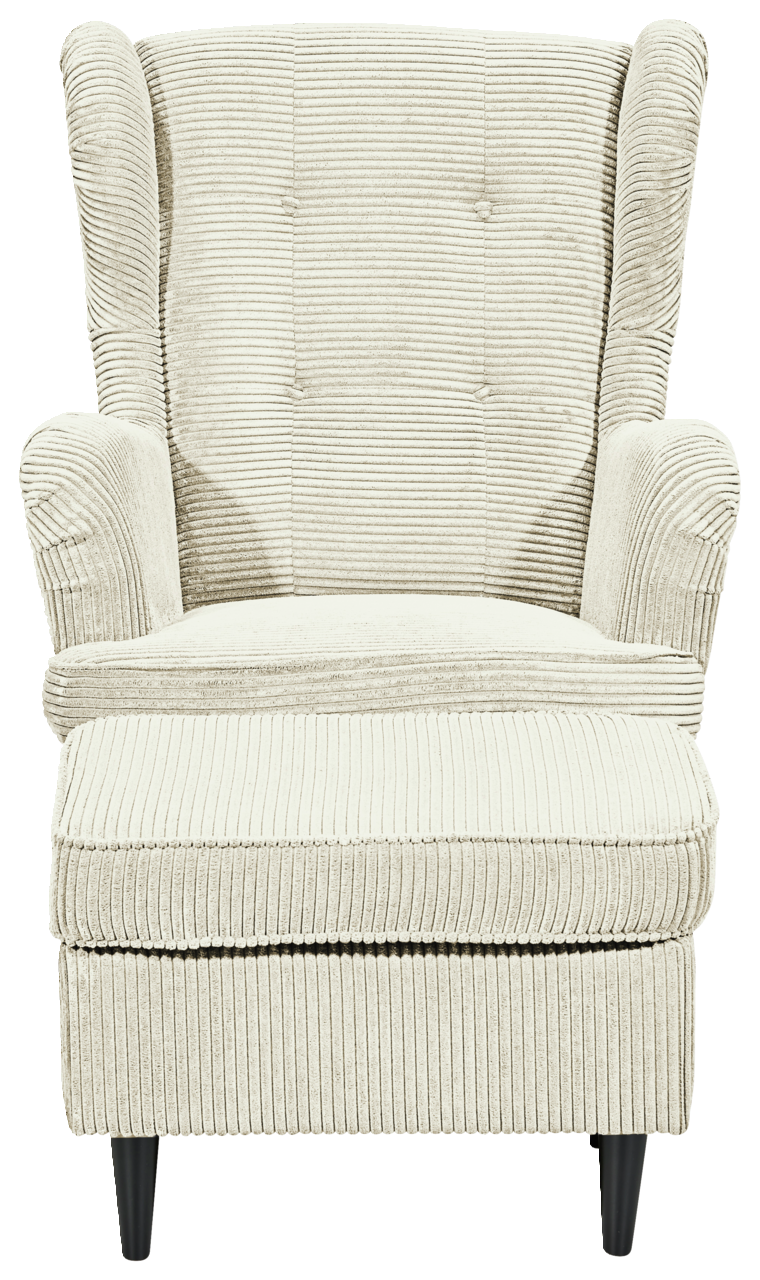 Frontale Ansicht eines beigen Sessels mit geripptem Stoffbezug und schwarzen Beinen.