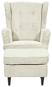 Frontale Ansicht eines beigen Sessels mit geripptem Stoffbezug und schwarzen Beinen.