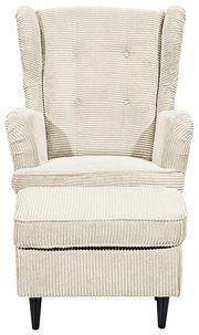 Frontale Ansicht eines beigen Sessels mit geripptem Stoffbezug und schwarzen Beinen.