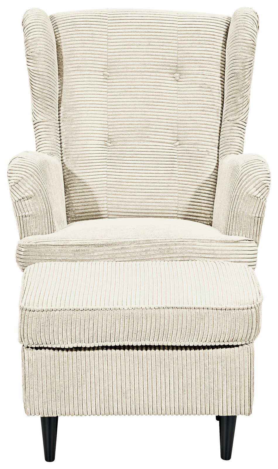 Frontale Ansicht eines beigen Sessels mit geripptem Stoffbezug und schwarzen Beinen.