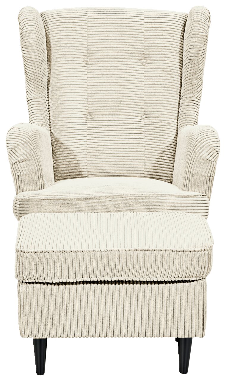 Frontale Ansicht eines beigen Sessels mit geripptem Stoffbezug und schwarzen Beinen.