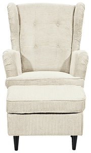 Frontale Ansicht eines beigen Sessels mit geripptem Stoffbezug und schwarzen Beinen.