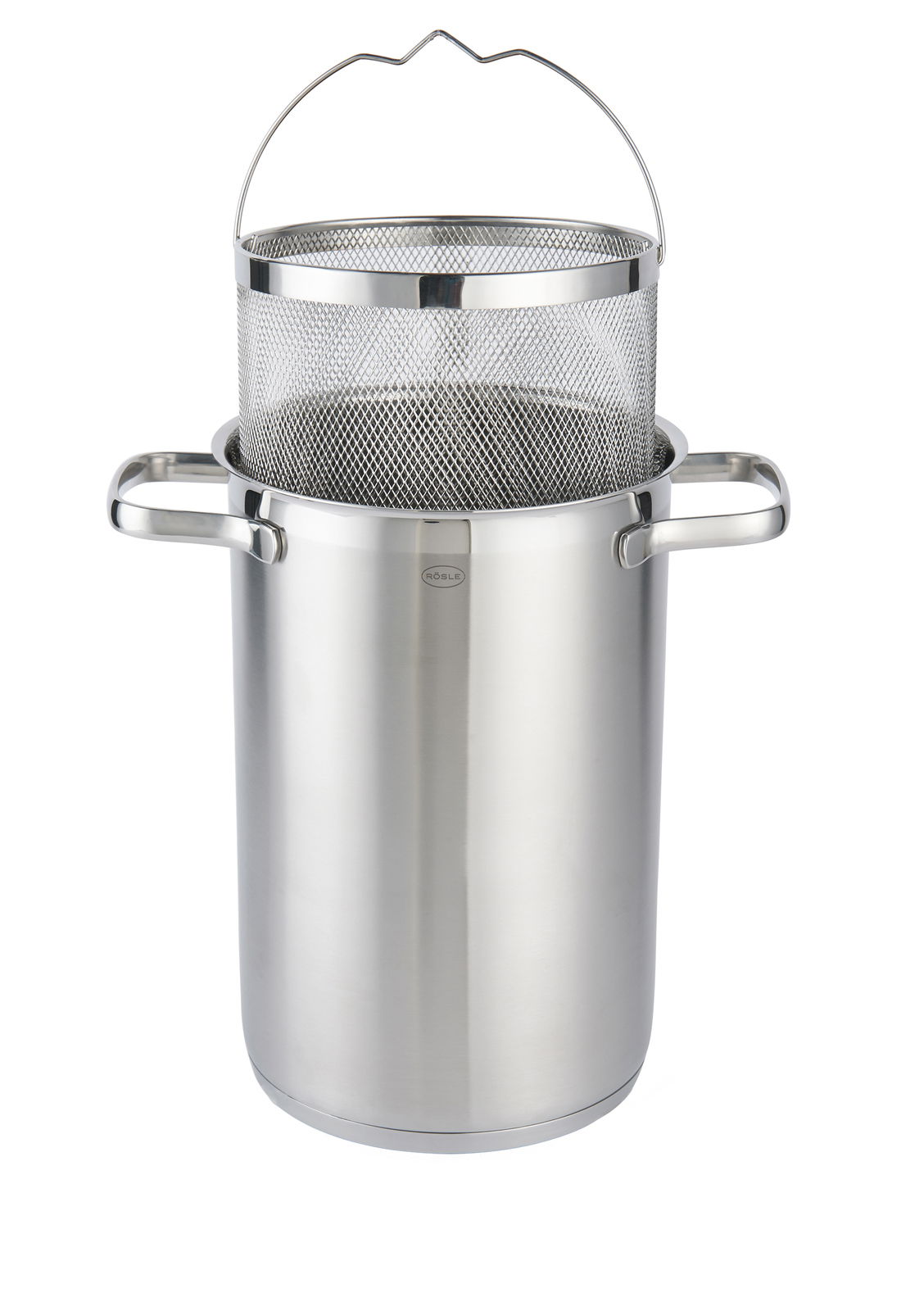 Spargel- und Pastatopf aus Edelstahl mit herausnehmbarem Siebeinsatz, seitliche Perspektive