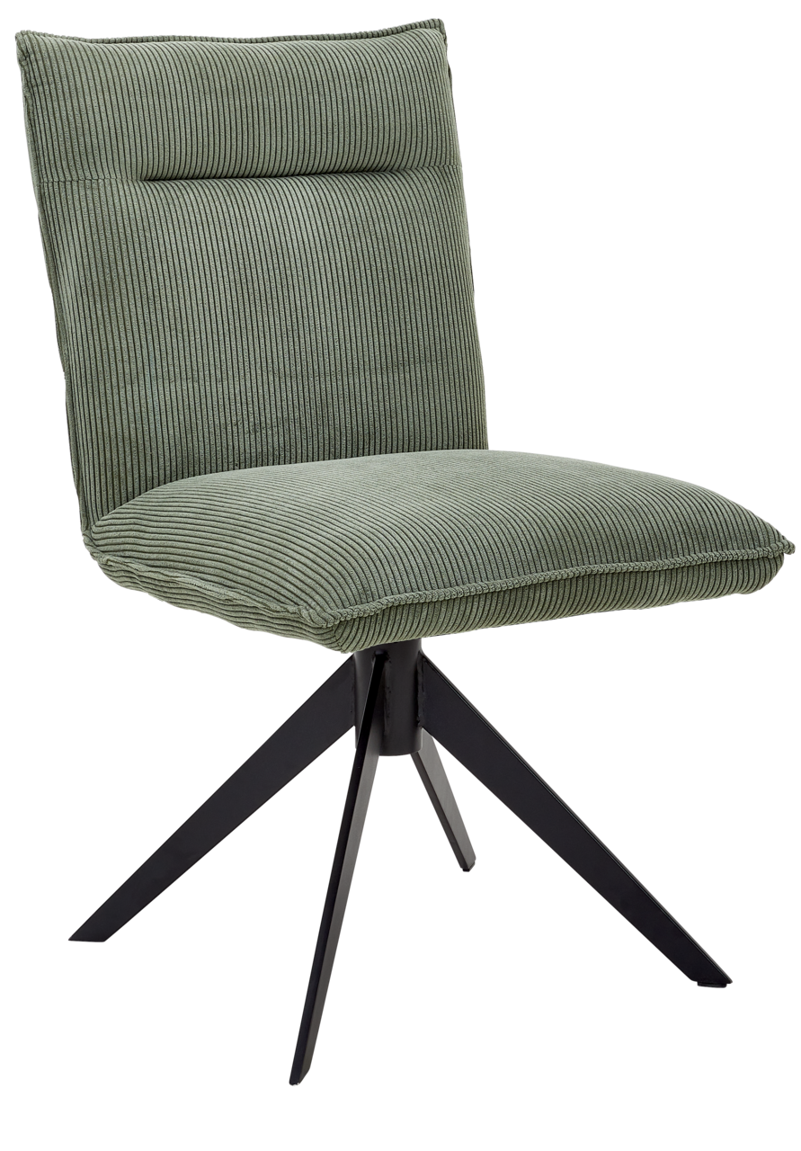 Johann Jakob Stuhl CALAS Moderner grüner Stuhl mit geripptem Stoffbezug und schwarzem Metallgestell, seitliche Perspektive