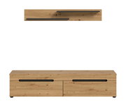 Modernes TV-Lowboard aus hellem Holzdekor mit zwei Klappen und langen schwarzen Griffleisten, Frontansicht; darüber zwei passende Wandregale in Draufsicht.