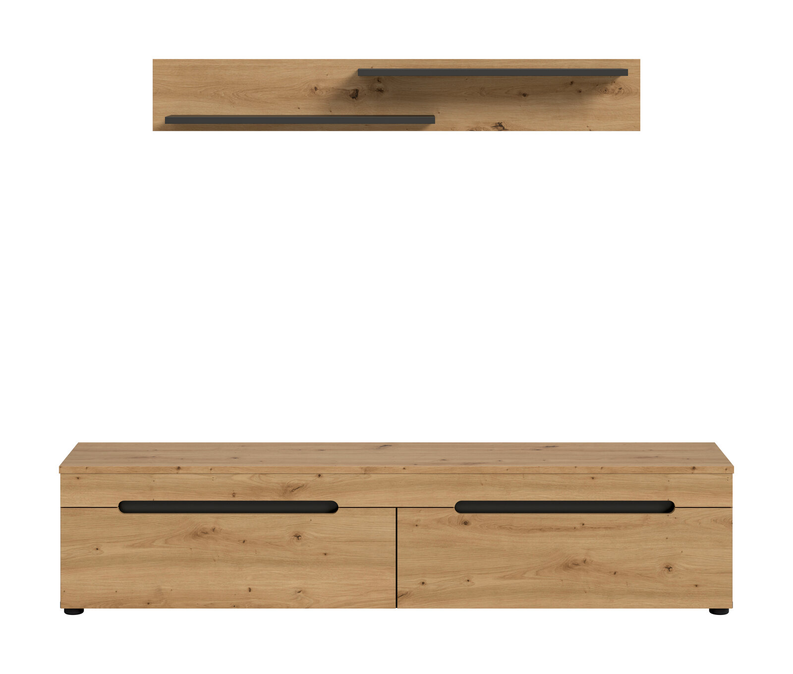 Modernes TV-Lowboard aus hellem Holzdekor mit zwei Klappen und langen schwarzen Griffleisten, Frontansicht; darüber zwei passende Wandregale in Draufsicht.