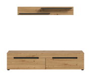 Modernes TV-Lowboard aus hellem Holzdekor mit zwei Klappen und langen schwarzen Griffleisten, Frontansicht; darüber zwei passende Wandregale in Draufsicht.