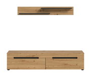 Modernes TV-Lowboard aus hellem Holzdekor mit zwei Klappen und langen schwarzen Griffleisten, Frontansicht; darüber zwei passende Wandregale in Draufsicht.