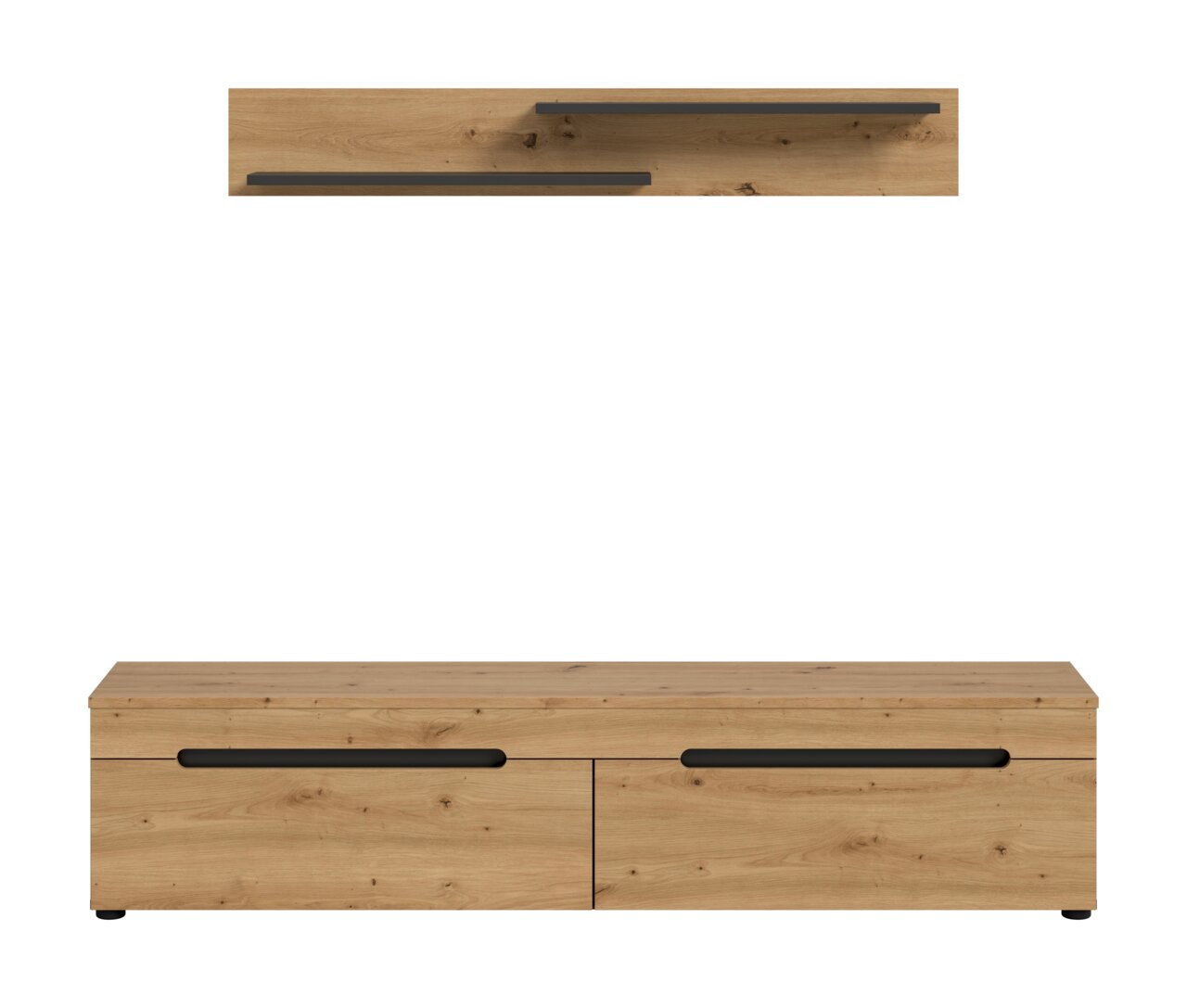 Modernes TV-Lowboard aus hellem Holzdekor mit zwei Klappen und langen schwarzen Griffleisten, Frontansicht; darüber zwei passende Wandregale in Draufsicht.