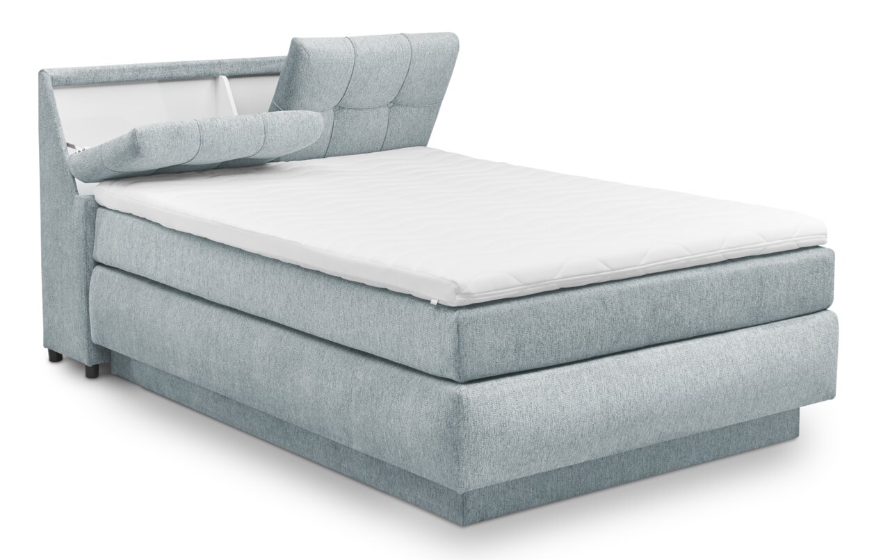 Boxspringbett Set one by Musterring Fairfield in hellblauem Stoff, seitliche Perspektive