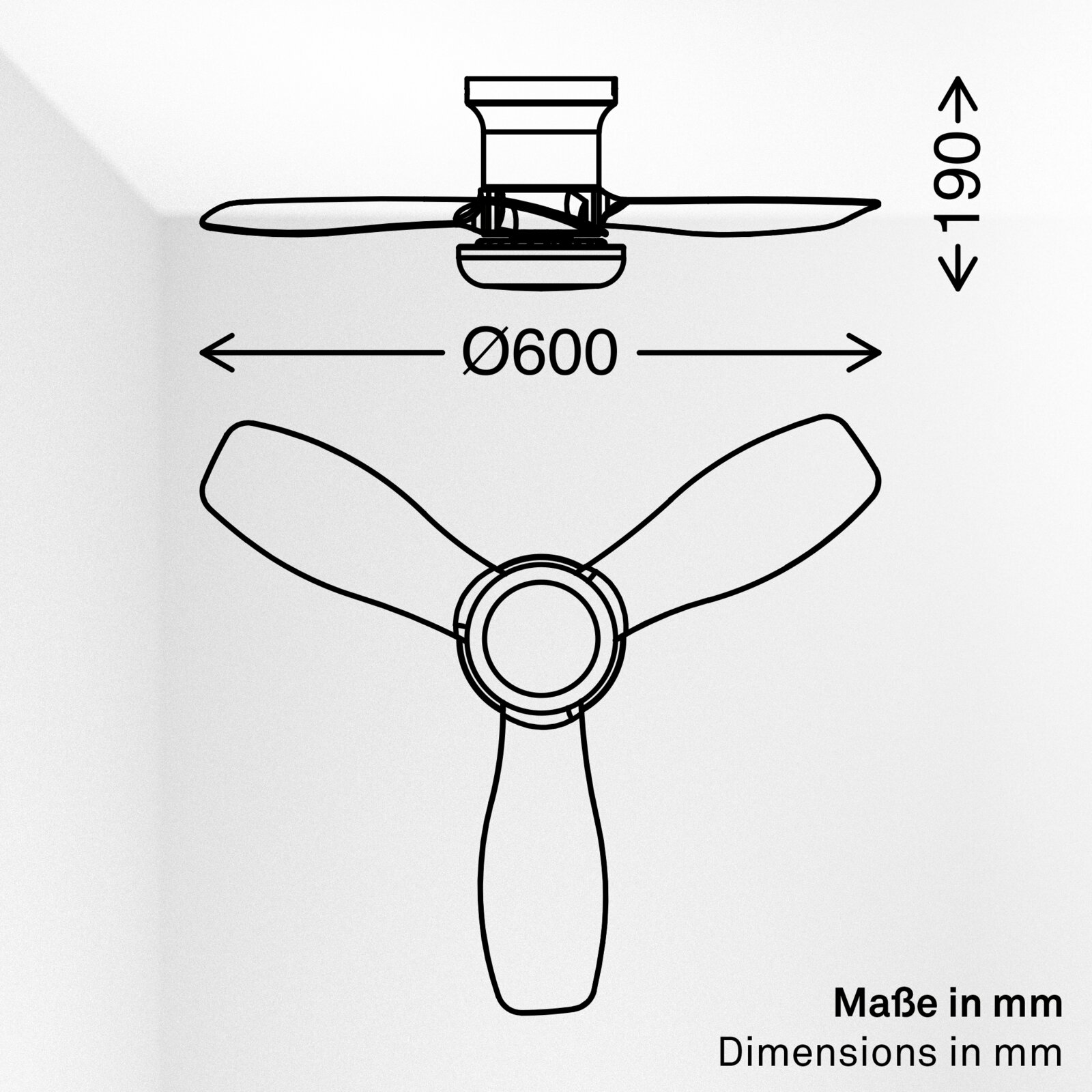 Maßzeichnung eines dreiflügeligen Deckenventilators in Seiten- und Unteransicht, mit 600 mm Durchmesser und 190 mm Höhe.