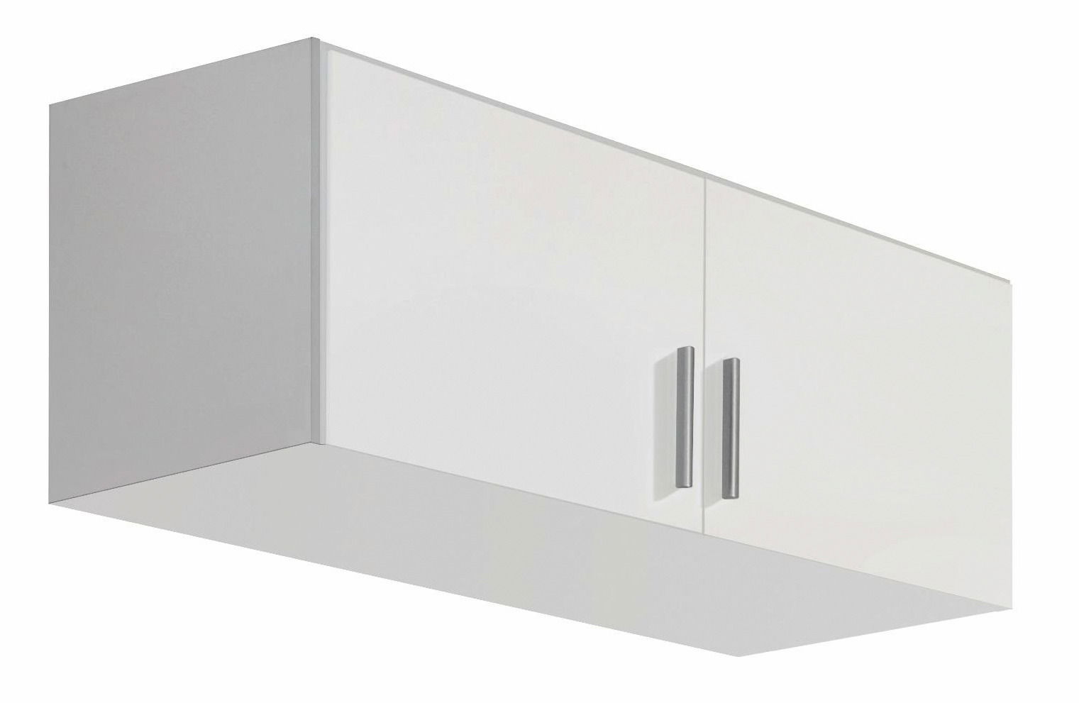 Weißer Schrankaufsatz mit zwei Türen und silbernen Griffen, seitliche Perspektive