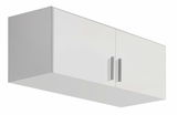 Weißer Schrankaufsatz mit zwei Türen und silbernen Griffen, seitliche Perspektive