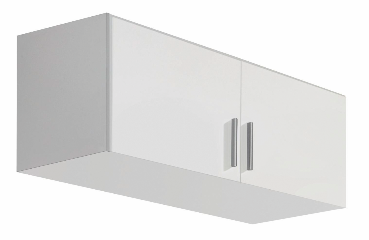 Z2 Schrankaufsatz 2-türig CELLE Weißer Schrankaufsatz mit zwei Türen und silbernen Griffen, seitliche Perspektive