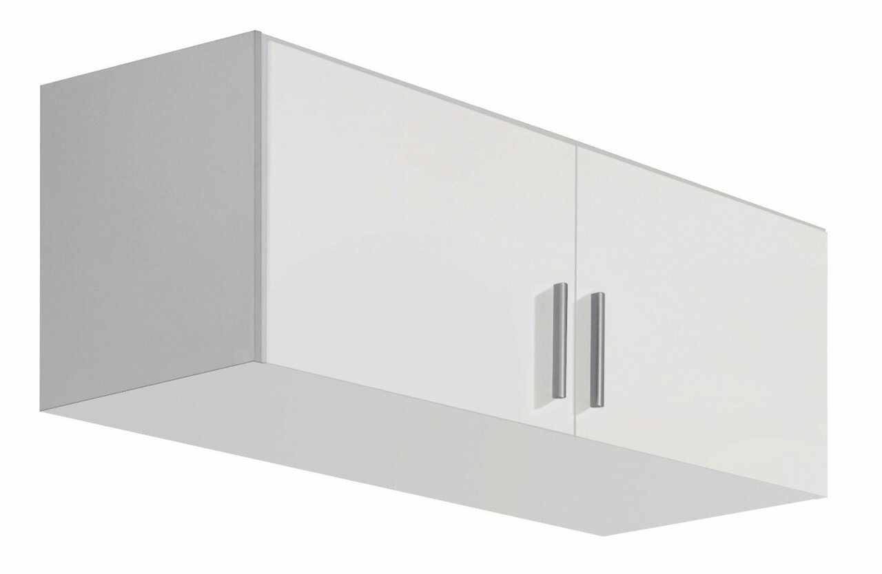 Weißer Schrankaufsatz mit zwei Türen und silbernen Griffen, seitliche Perspektive