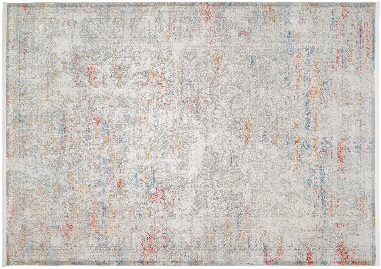 Designer Teppich mit abstraktem Muster in Grau, Rot, Blau und Gelb, Draufsicht