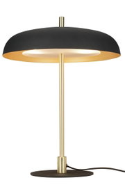 Moderne Tischleuchte mit schwarzem Schirm und goldfarbenem Ständer, seitliche Perspektive
