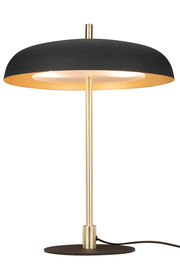 Moderne Tischleuchte mit schwarzem Schirm und goldfarbenem Ständer, seitliche Perspektive