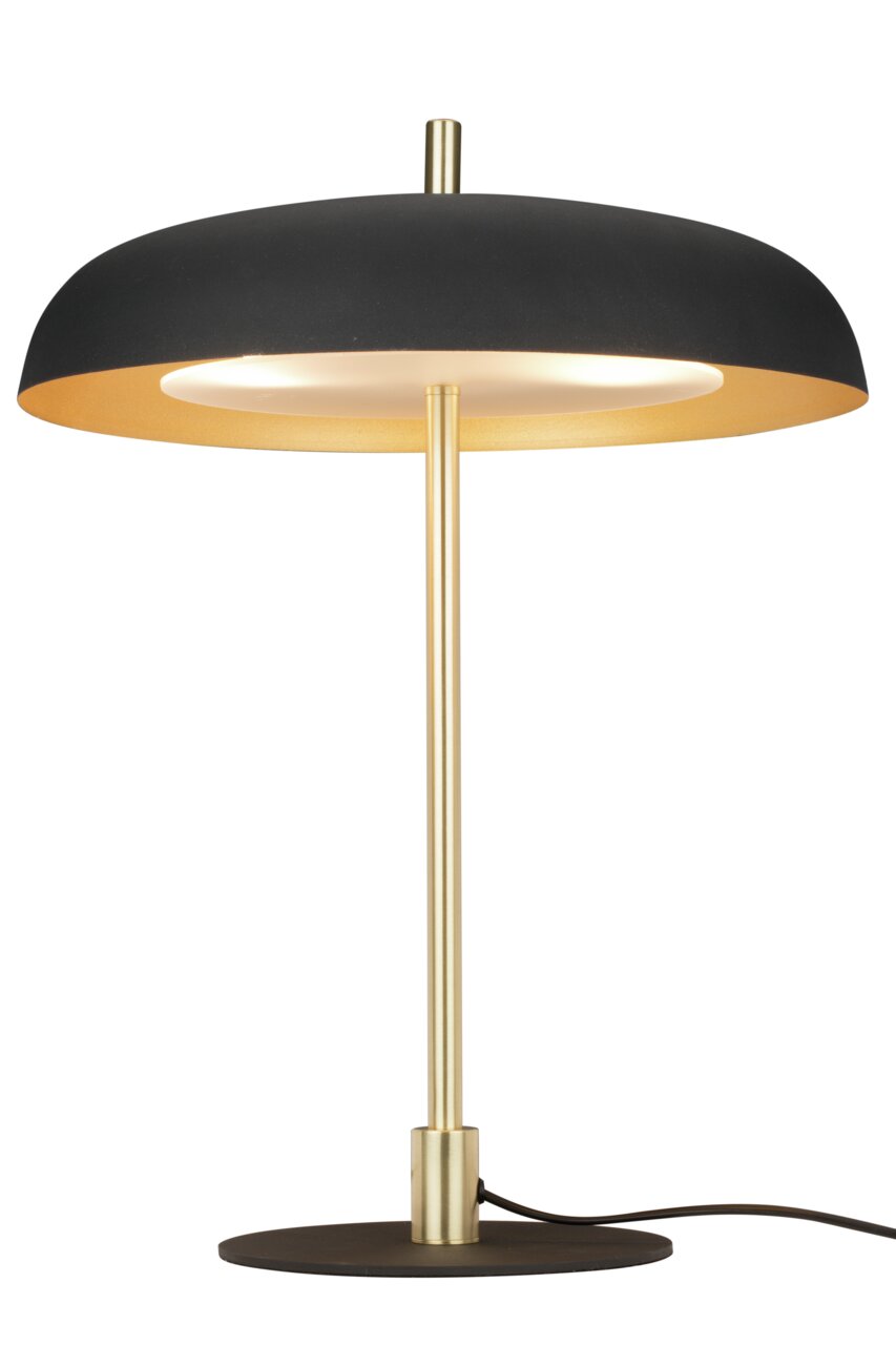 Moderne Tischleuchte mit schwarzem Schirm und goldfarbenem Ständer, seitliche Perspektive