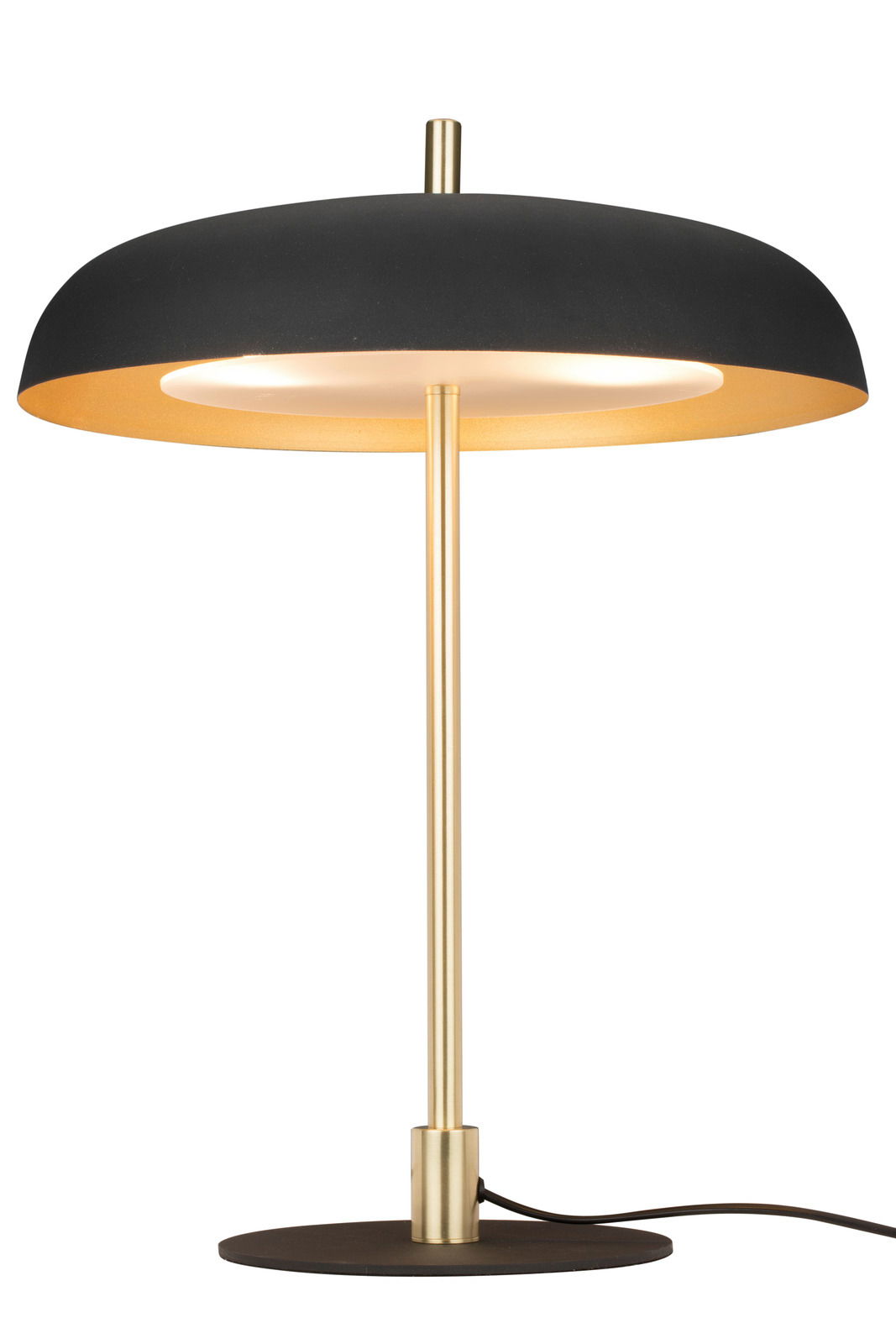 Moderne Tischleuchte mit schwarzem Schirm und goldfarbenem Ständer, seitliche Perspektive