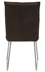 Rückansicht eines Stuhls mit brauner Rückenlehne und silbernen Metallbeinen.