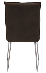Rückansicht eines Stuhls mit brauner Rückenlehne und silbernen Metallbeinen.