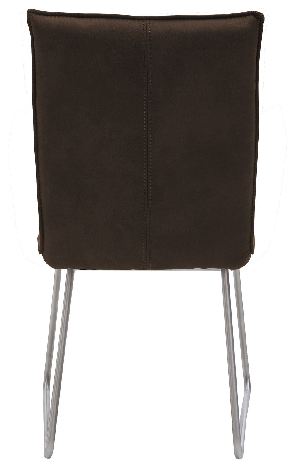 Rückansicht eines Stuhls mit brauner Rückenlehne und silbernen Metallbeinen.