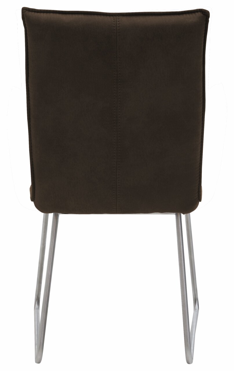 Rückansicht eines Stuhls mit brauner Rückenlehne und silbernen Metallbeinen.