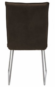 Rückansicht eines Stuhls mit brauner Rückenlehne und silbernen Metallbeinen.