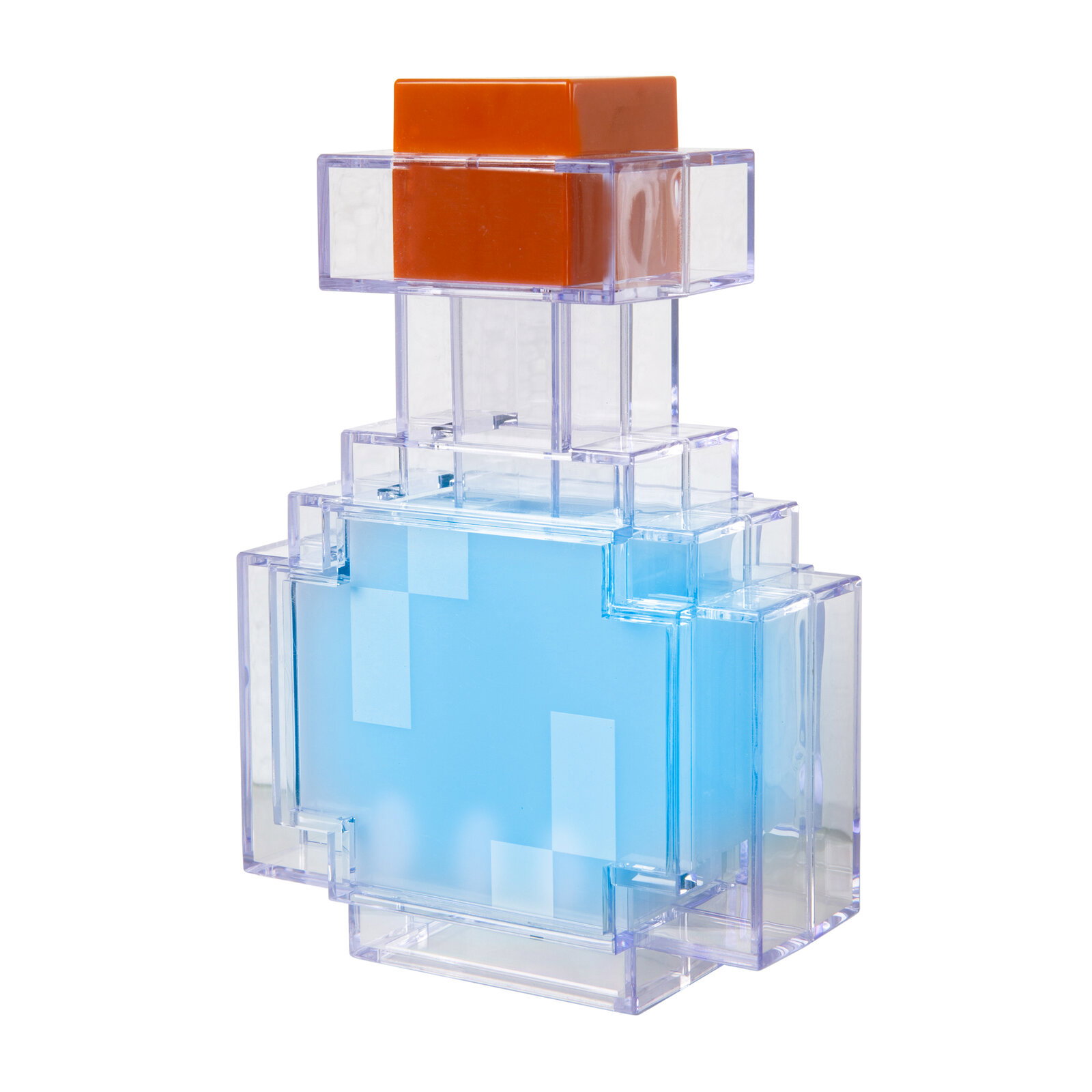 Transparenter, pixelartiger Flakon mit hellblauem Inhalt und orangefarbenem Deckel, freigestellt auf weißem Hintergrund, Frontansicht leicht von oben.