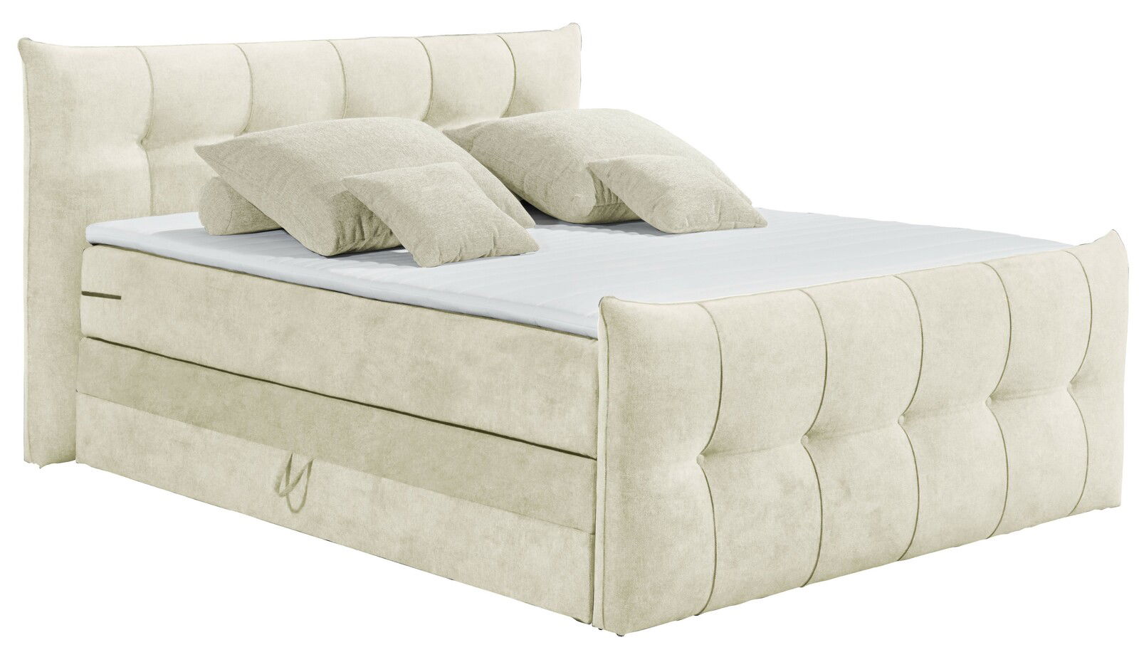 Beiges Boxspringbett mit gepolstertem Kopfteil und mehreren Kissen, seitliche Perspektive
