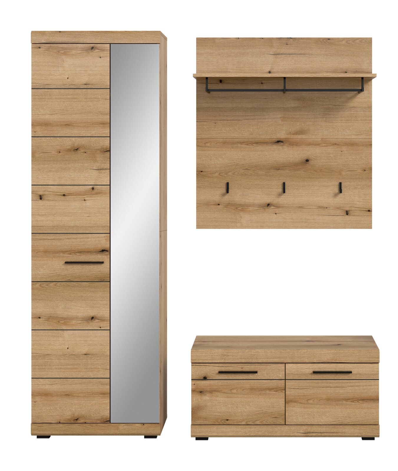Garderoben-Set 3-teilig in Holzoptik, bestehend aus einem hohen Schrank mit Spiegel, einer Wandgarderobe mit Haken und einem niedrigen Schuhschrank, frontal abgebildet.