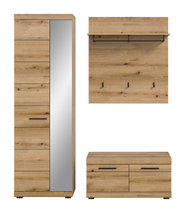 Garderoben-Set 3-teilig in Holzoptik, bestehend aus einem hohen Schrank mit Spiegel, einer Wandgarderobe mit Haken und einem niedrigen Schuhschrank, frontal abgebildet.