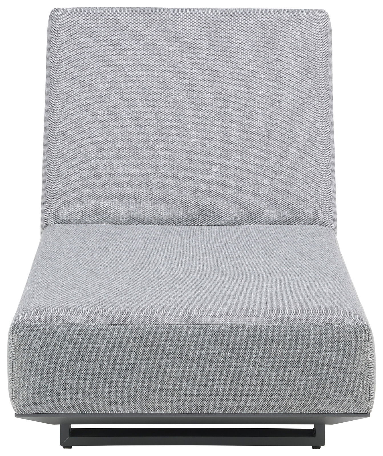 Gartenliege in grauem Stoff, frontale Perspektive