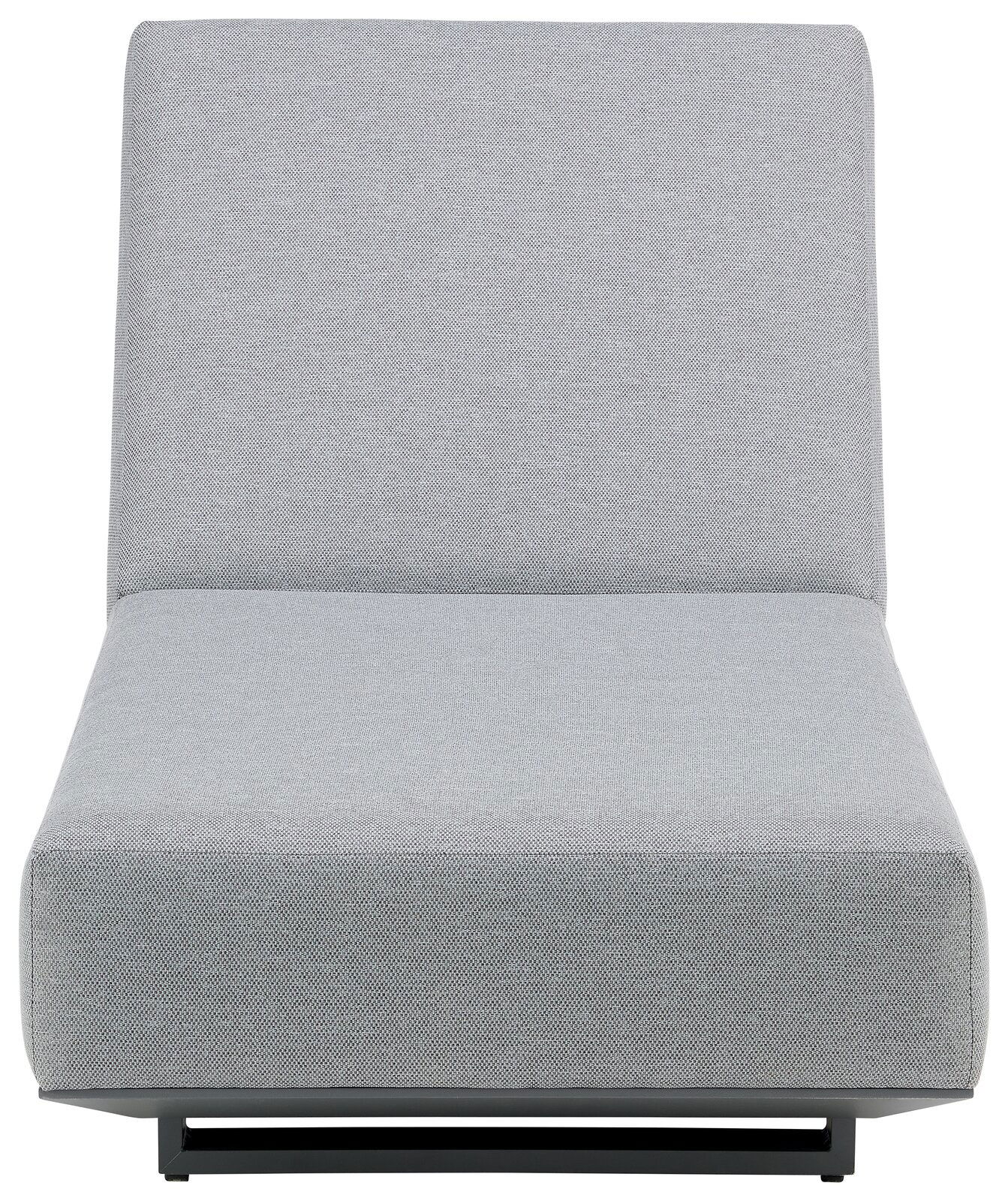 Gartenliege in grauem Stoff, frontale Perspektive
