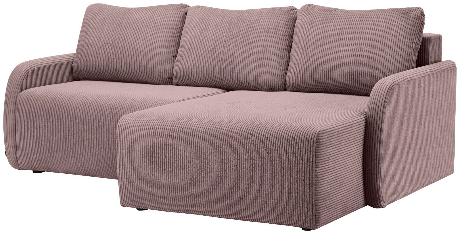 Rundecke Sofa in L-Form mit drei Kissen, aus braunem Cordstoff, seitliche Perspektive