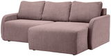 Rundecke Sofa in L-Form mit drei Kissen, aus braunem Cordstoff, seitliche Perspektive