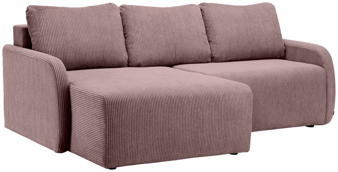 Rundecke Sofa in L-Form mit drei Kissen, aus braunem Cordstoff, seitliche Perspektive