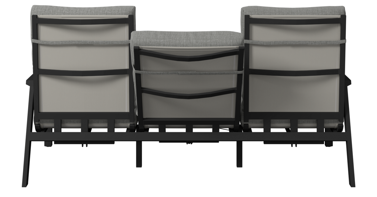 Rückansicht einer dreisitzigen Gartenbank mit grauen Kissen und schwarzem Metallrahmen.