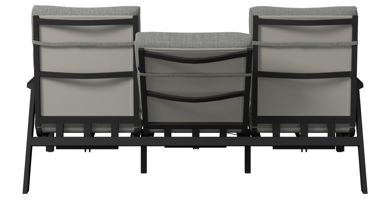 Rückansicht einer dreisitzigen Gartenbank mit grauen Kissen und schwarzem Metallrahmen.