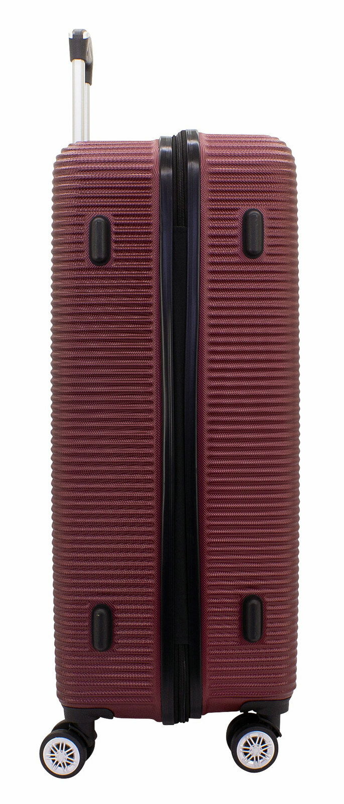 Burgunderfarbener Trolley, 70 cm, Seitenansicht mit vier Rollen und ausziehbarem Griff.