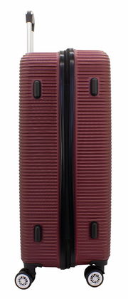 Burgunderfarbener Trolley, 70 cm, Seitenansicht mit vier Rollen und ausziehbarem Griff.