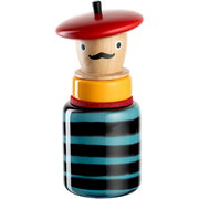 Vorderansicht einer dekorativen Vase in Form eines Pizzaiolo mit rotem Hut, gelbem Kragen und gestreiftem Körper.