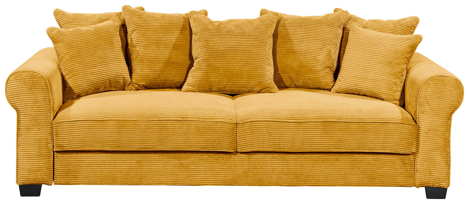 Gelbes Funktionssofa mit mehreren Kissen, Vorderansicht