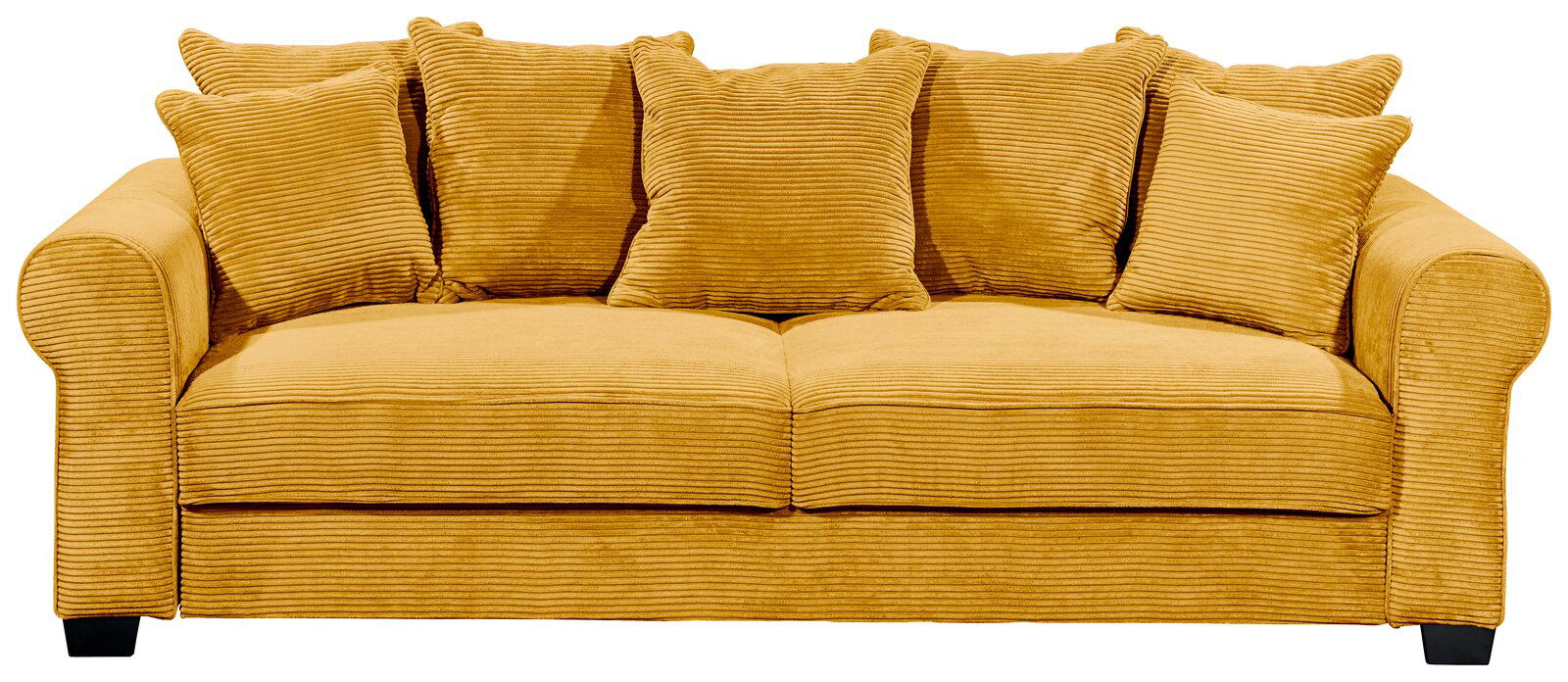 Gelbes Funktionssofa mit mehreren Kissen, Vorderansicht