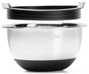 Rührschüssel aus Edelstahl mit schwarzem Deckel, seitliche Perspektive